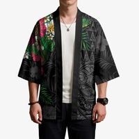 Hawaiian Tropical Plants Kimono Kakau Tattoo and Polynesian Pattern Half Black Color