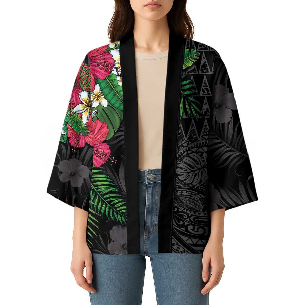 Hawaiian Tropical Plants Kimono Kakau Tattoo and Polynesian Pattern Half Black Color