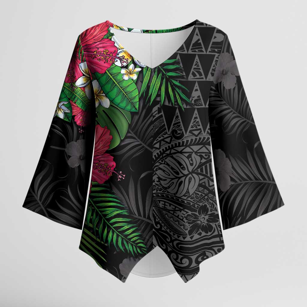 Hawaiian Tropical Plants Kimono Sleeve Blouse Kakau Tattoo and Polynesian Pattern Half Black Color LT03 Female Black - Polynesian Pride