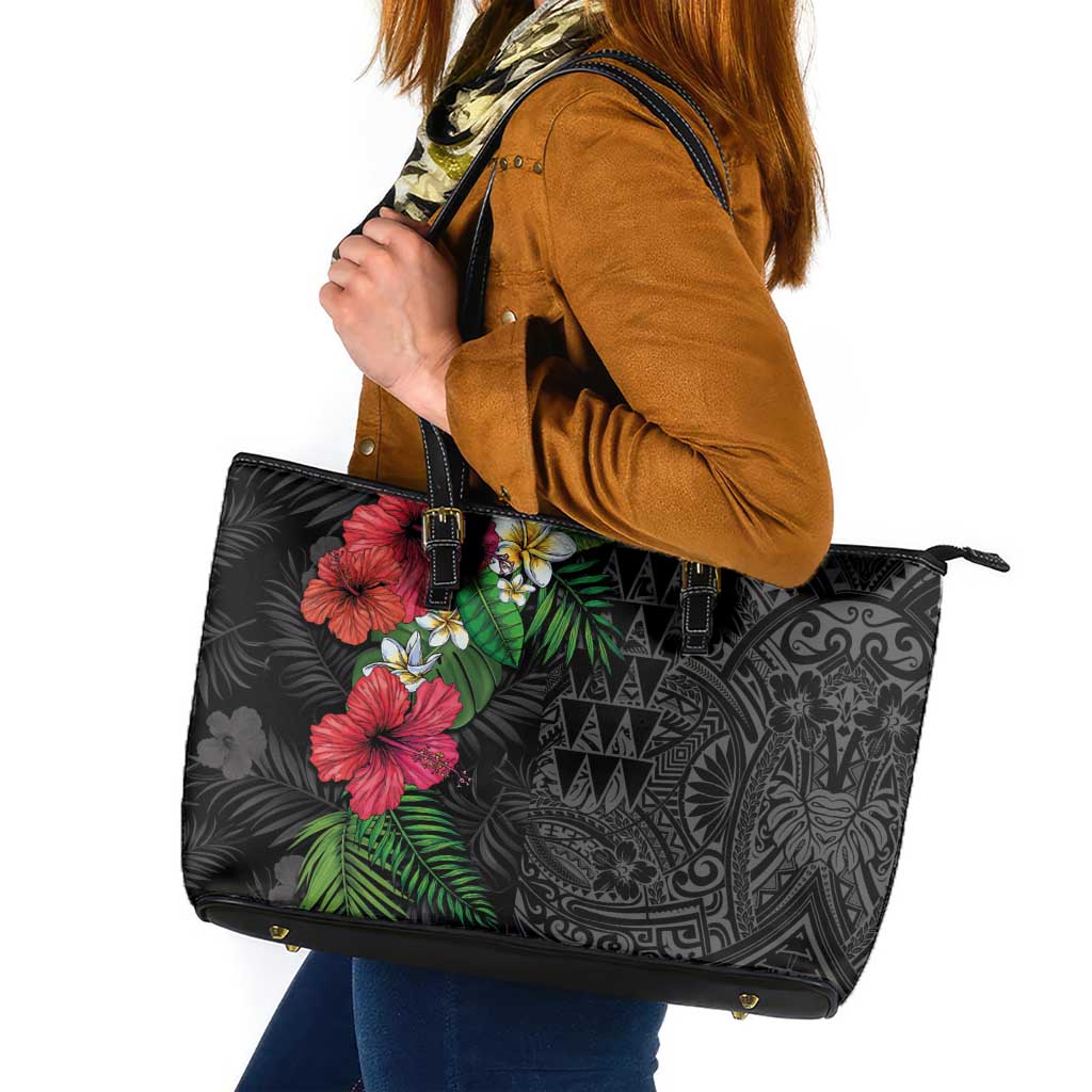 Hawaiian Tropical Plants Leather Tote Bag Kakau Tattoo and Polynesian Pattern Half Black Color