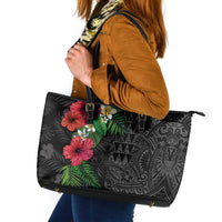 Hawaiian Tropical Plants Leather Tote Bag Kakau Tattoo and Polynesian Pattern Half Black Color