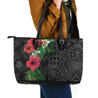 Hawaiian Tropical Plants Leather Tote Bag Kakau Tattoo and Polynesian Pattern Half Black Color