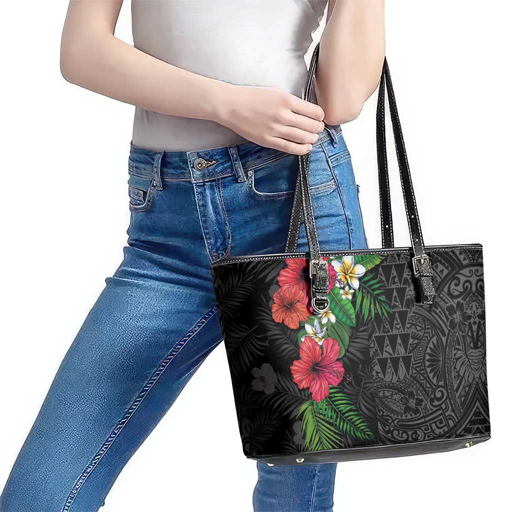 Hawaiian Tropical Plants Leather Tote Bag Kakau Tattoo and Polynesian Pattern Half Black Color