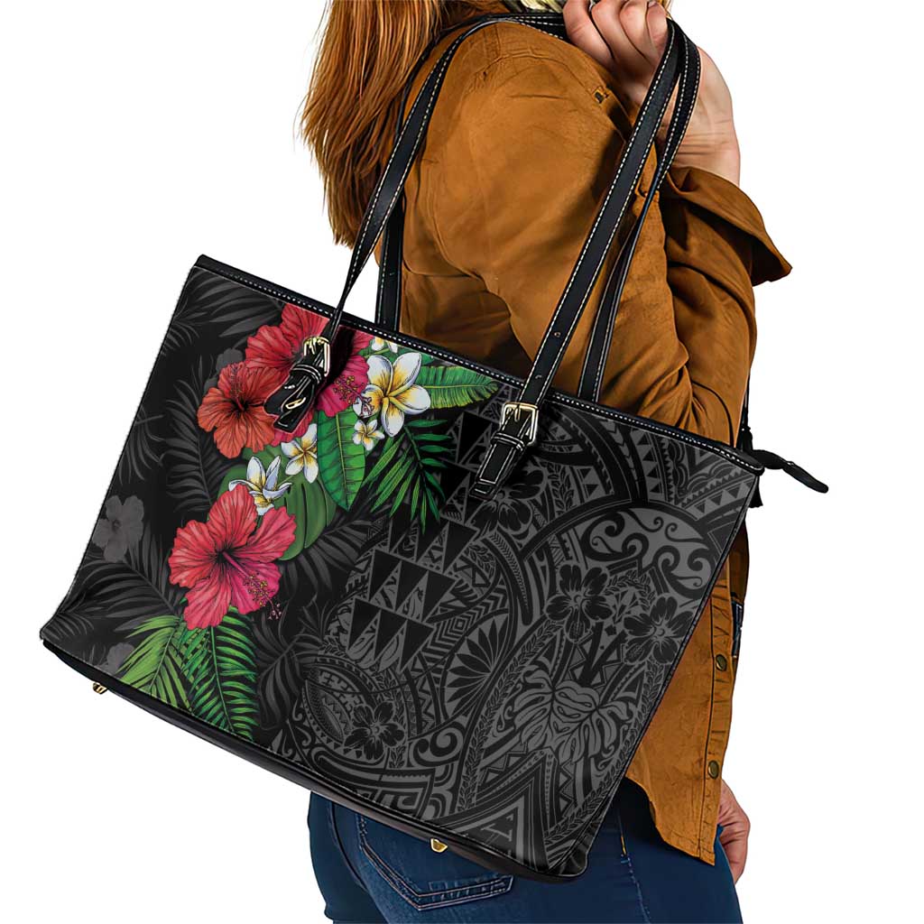 Hawaiian Tropical Plants Leather Tote Bag Kakau Tattoo and Polynesian Pattern Half Black Color