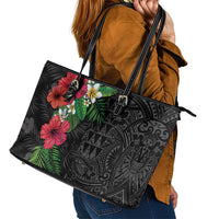 Hawaiian Tropical Plants Leather Tote Bag Kakau Tattoo and Polynesian Pattern Half Black Color