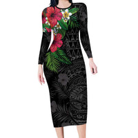 Hawaiian Tropical Plants Long Sleeve Bodycon Dress Kakau Tattoo and Polynesian Pattern Half Black Color