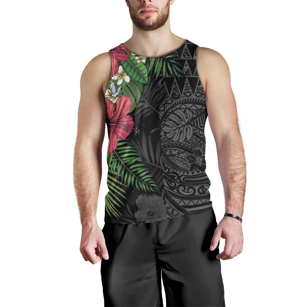Hawaiian Tropical Plants Men Tank Top Kakau Tattoo and Polynesian Pattern Half Black Color