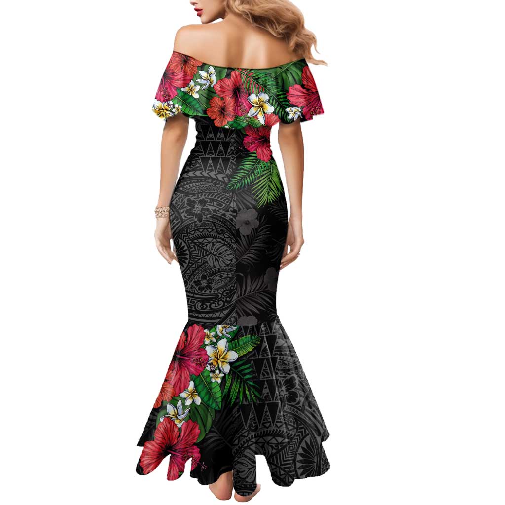 Hawaiian Tropical Plants Mermaid Dress Kakau Tattoo and Polynesian Pattern Half Black Color