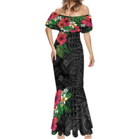Hawaiian Tropical Plants Mermaid Dress Kakau Tattoo and Polynesian Pattern Half Black Color