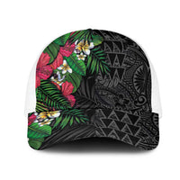 Hawaiian Tropical Plants Mesh Trucker Cap Kakau Tattoo and Polynesian Pattern Half Black Color