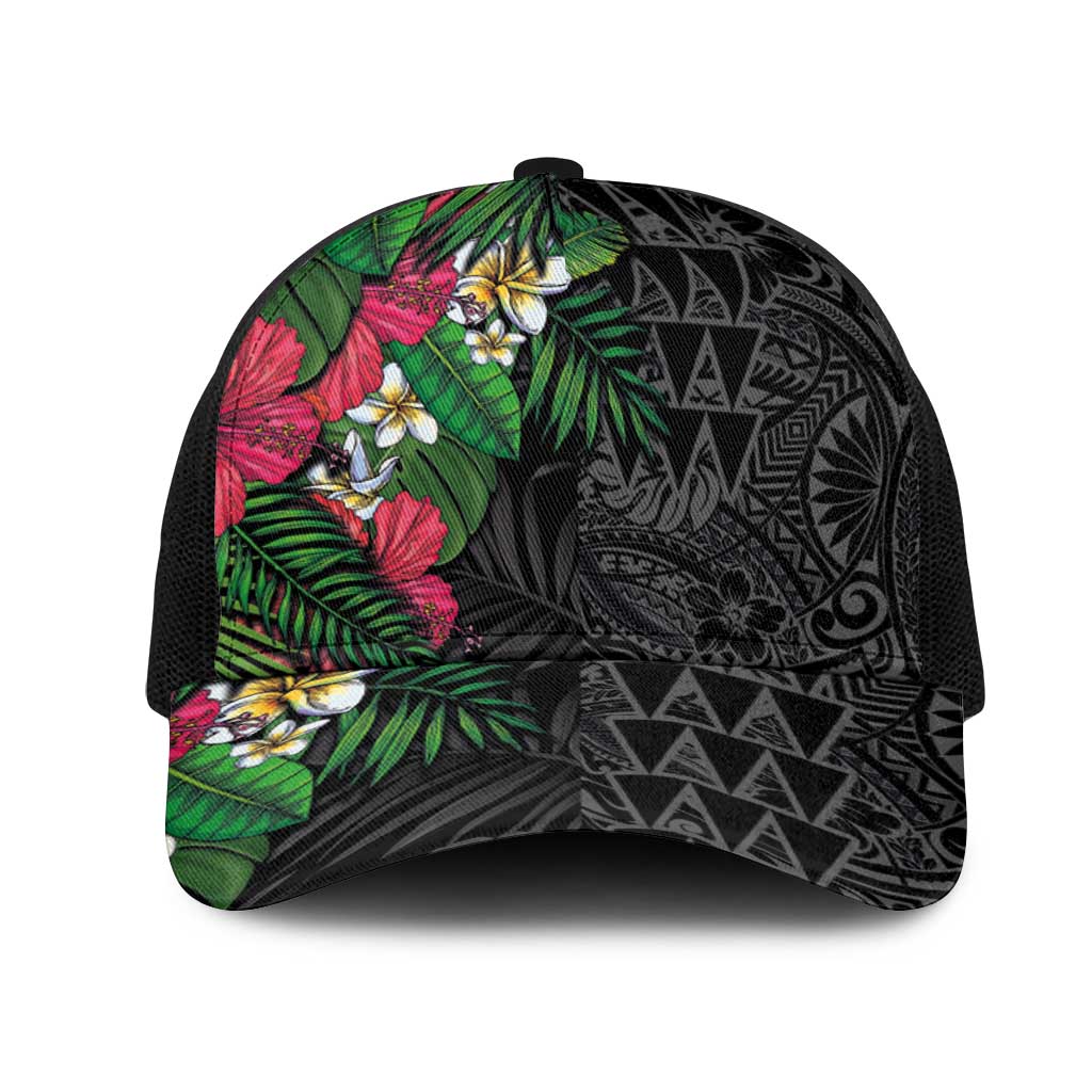 Hawaiian Tropical Plants Mesh Trucker Cap Kakau Tattoo and Polynesian Pattern Half Black Color