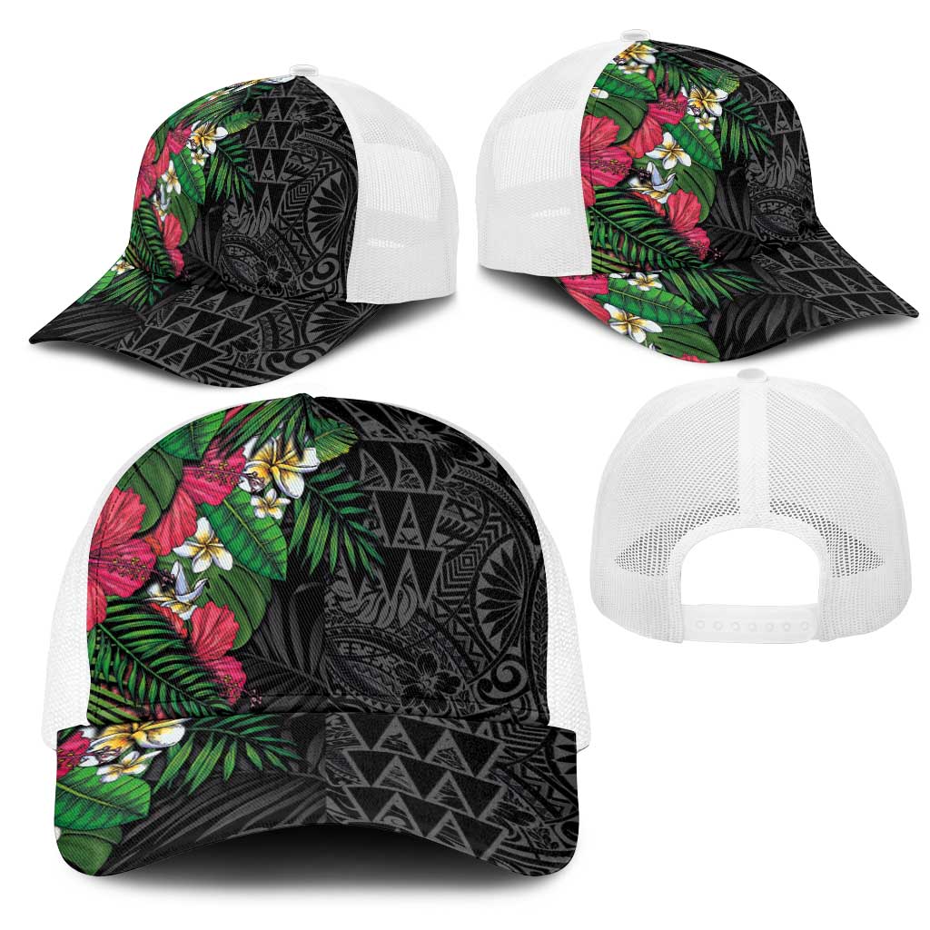 Hawaiian Tropical Plants Mesh Trucker Cap Kakau Tattoo and Polynesian Pattern Half Black Color