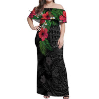 Hawaiian Tropical Plants Off Shoulder Maxi Dress Kakau Tattoo and Polynesian Pattern Half Black Color LT03 Women Black - Polynesian Pride