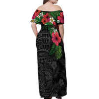 Hawaiian Tropical Plants Off Shoulder Maxi Dress Kakau Tattoo and Polynesian Pattern Half Black Color LT03 - Polynesian Pride