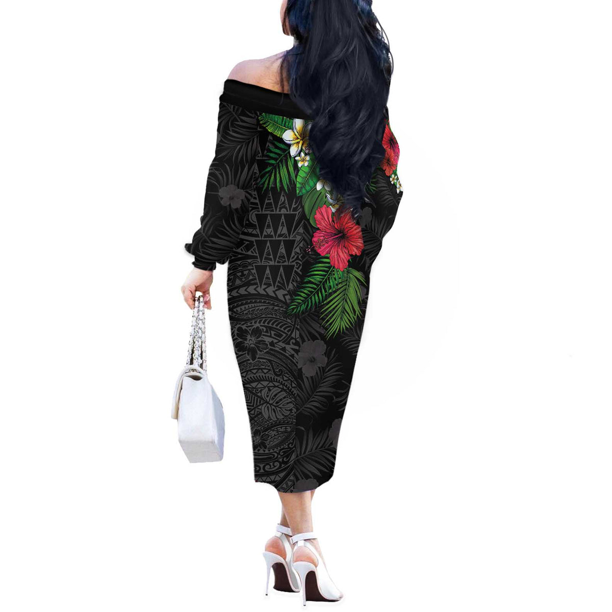 Hawaiian Tropical Plants Off The Shoulder Long Sleeve Dress Kakau Tattoo and Polynesian Pattern Half Black Color
