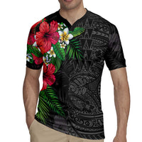 Hawaiian Tropical Plants Rugby Jersey Kakau Tattoo and Polynesian Pattern Half Black Color