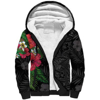 Hawaiian Tropical Plants Sherpa Hoodie Kakau Tattoo and Polynesian Pattern Half Black Color