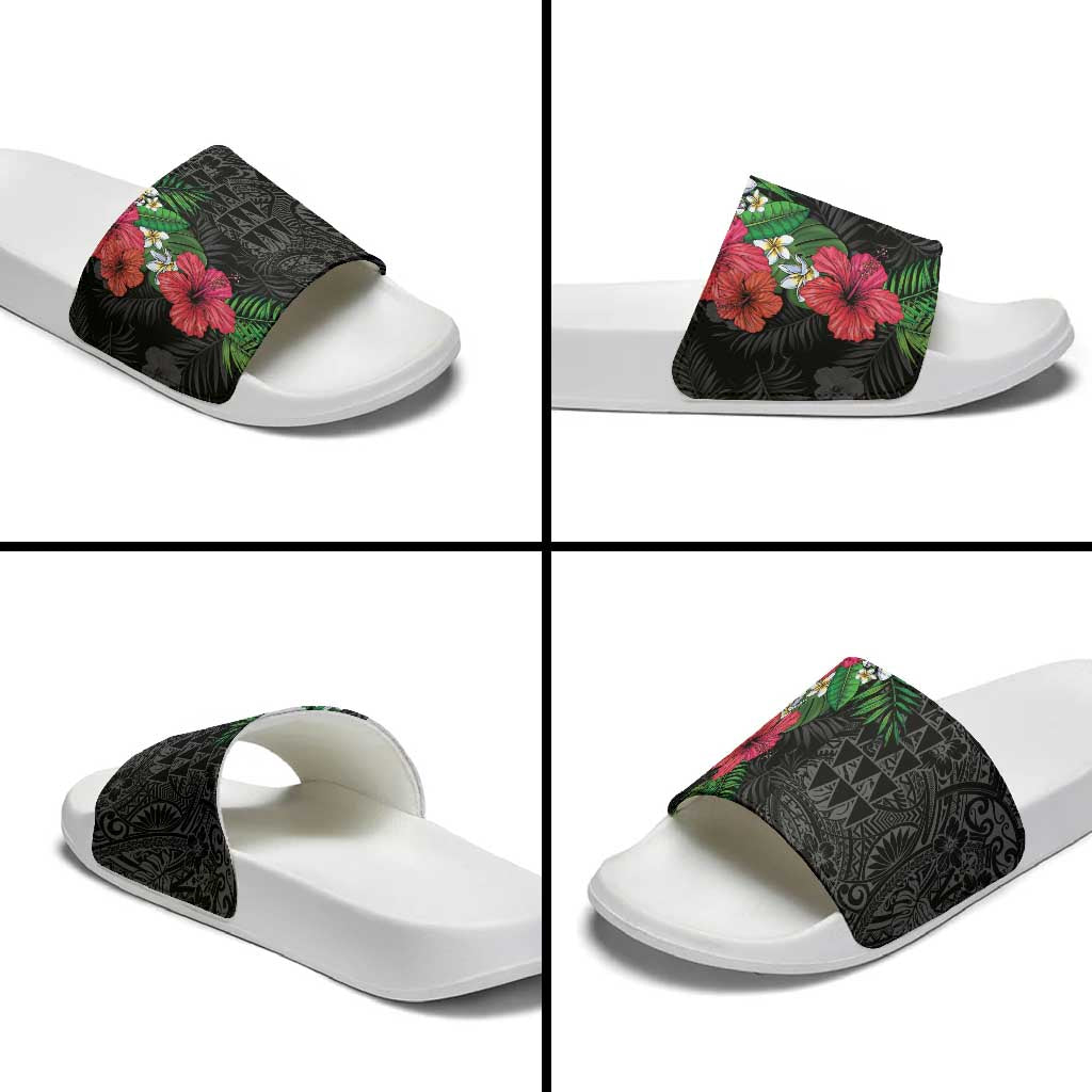 Hawaiian Tropical Plants Slide Sandals Kakau Tattoo and Polynesian Pattern Half Black Color