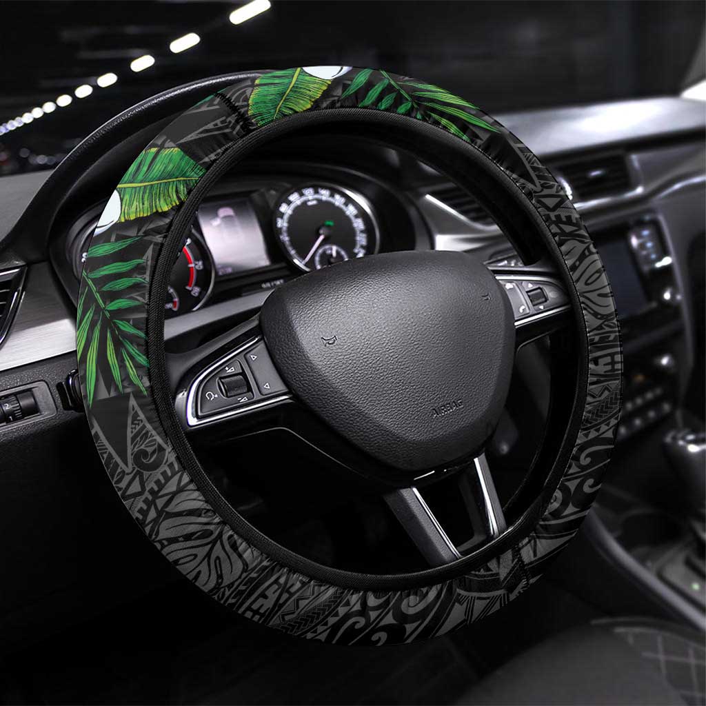 Hawaiian Tropical Plants Steering Wheel Cover Kakau Tattoo and Polynesian Pattern Half Black Color LT03 Universal Fit Black - Polynesian Pride