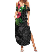 Hawaiian Tropical Plants Summer Maxi Dress Kakau Tattoo and Polynesian Pattern Half Black Color