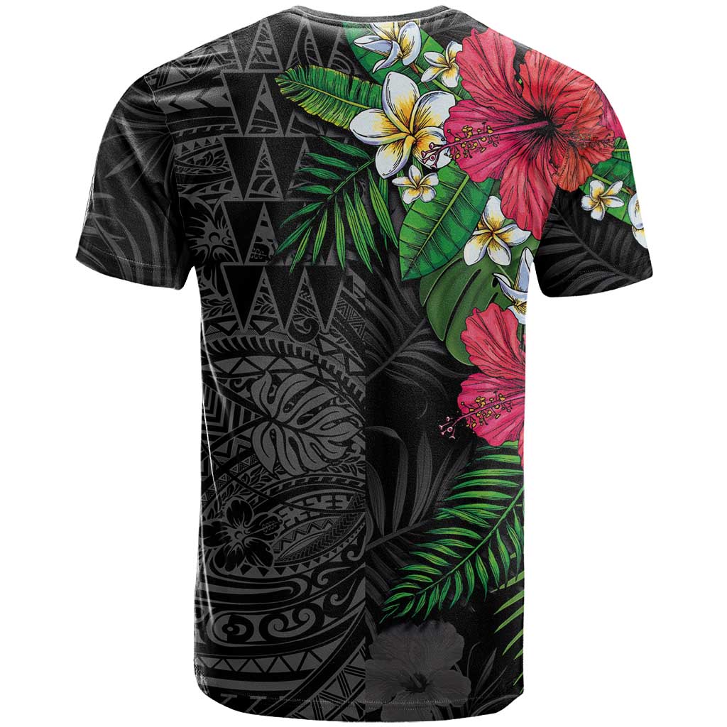 Hawaiian Tropical Plants T Shirt Kakau Tattoo and Polynesian Pattern Half Black Color