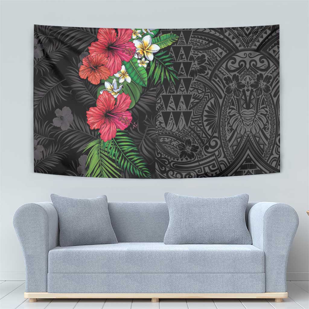 Hawaiian Tropical Plants Tapestry Kakau Tattoo and Polynesian Pattern Half Black Color