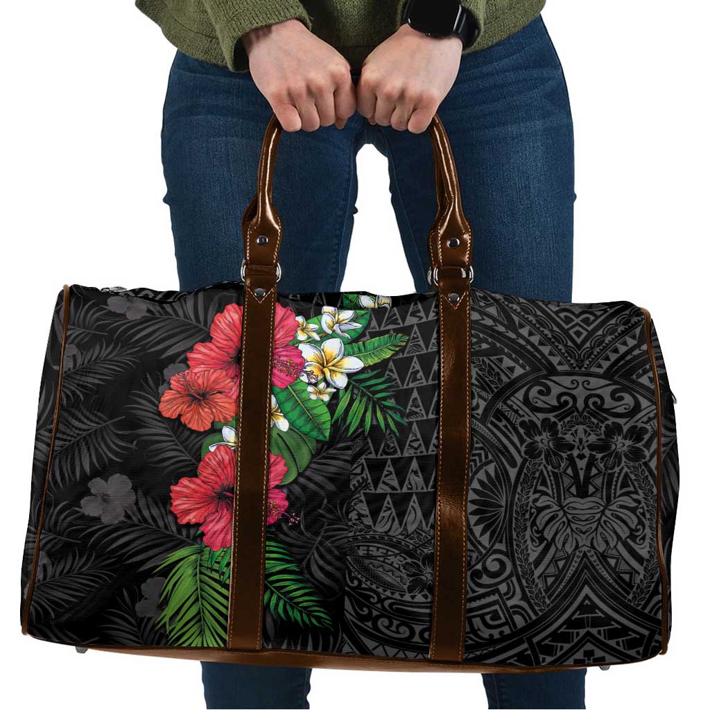 Hawaiian Tropical Plants Travel Bag Kakau Tattoo and Polynesian Pattern Half Black Color