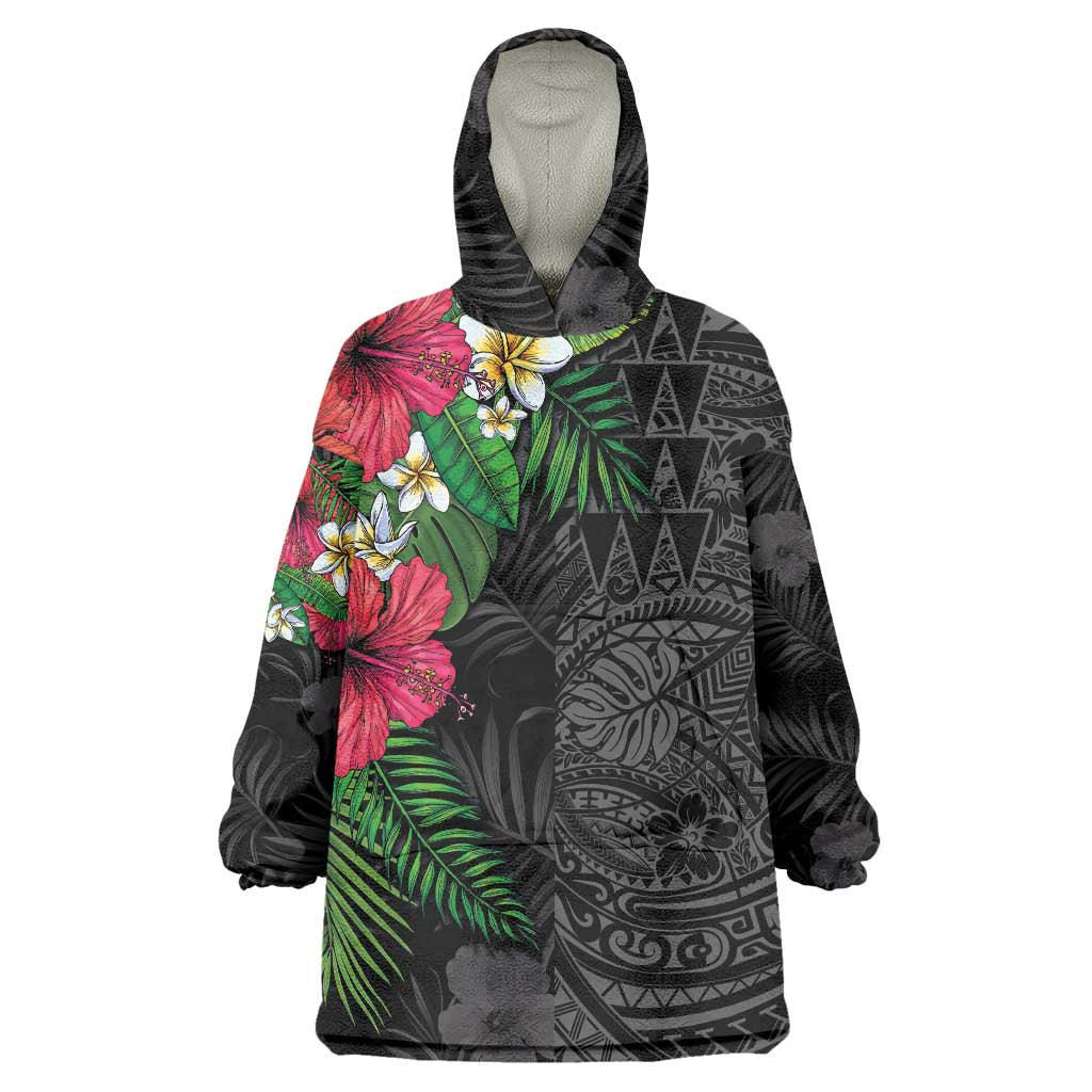 Hawaiian Tropical Plants Wearable Blanket Hoodie Kakau Tattoo and Polynesian Pattern Half Black Color