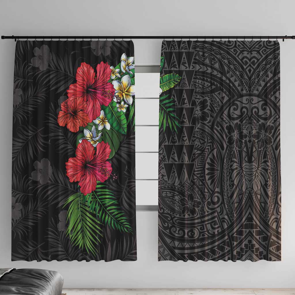 Hawaiian Tropical Plants Window Curtain Kakau Tattoo and Polynesian Pattern Half Black Color