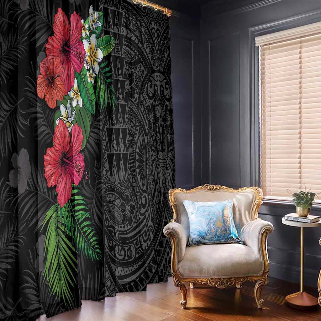Hawaiian Tropical Plants Window Curtain Kakau Tattoo and Polynesian Pattern Half Black Color