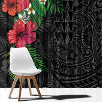 Hawaiian Tropical Plants Window Curtain Kakau Tattoo and Polynesian Pattern Half Black Color