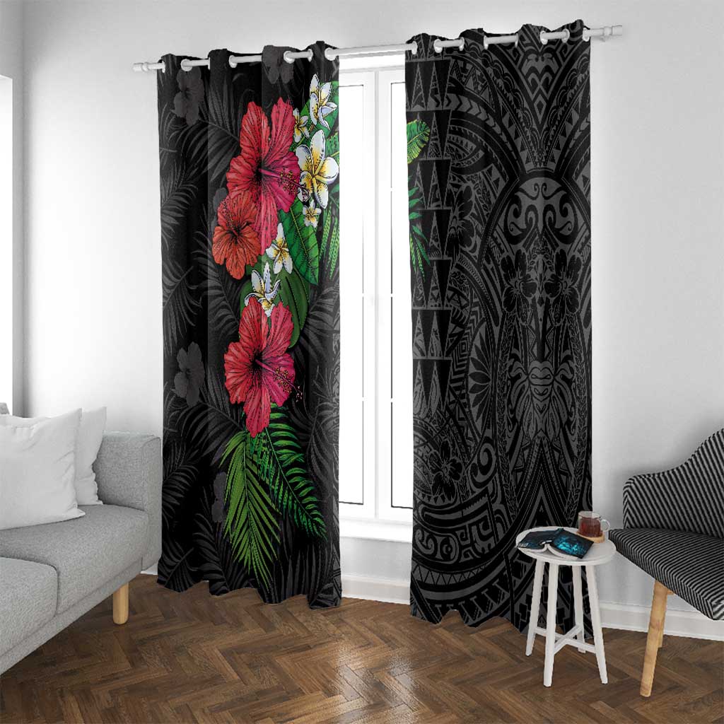 Hawaiian Tropical Plants Window Curtain Kakau Tattoo and Polynesian Pattern Half Black Color