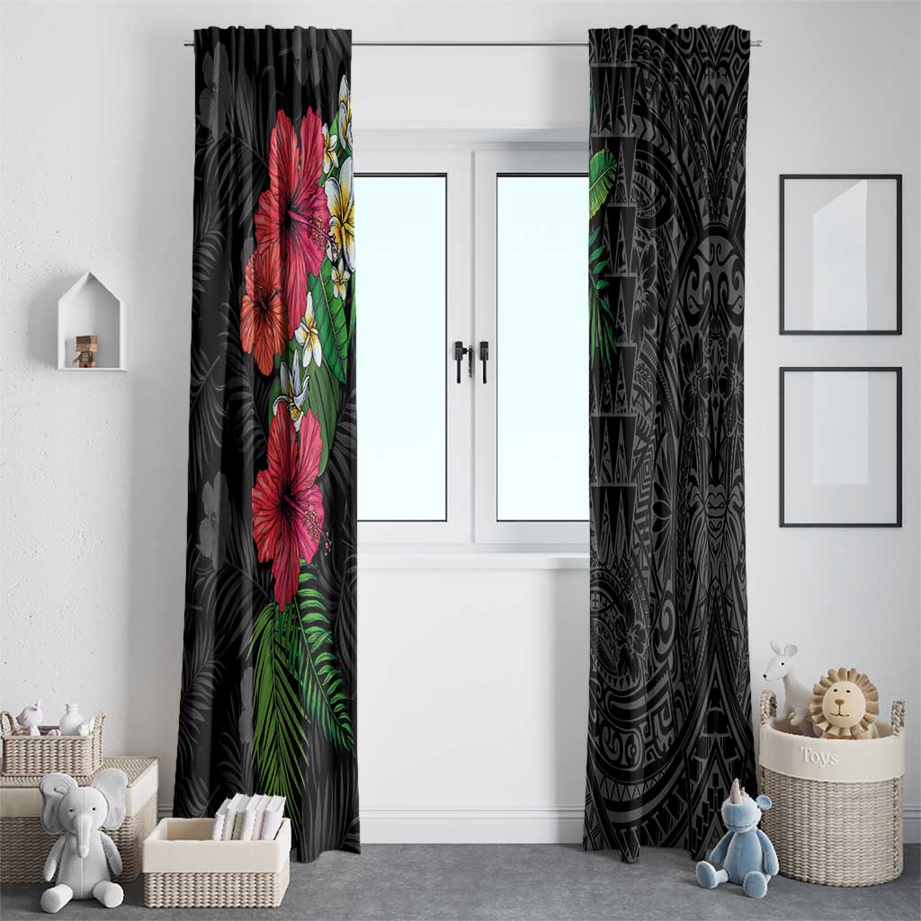 Hawaiian Tropical Plants Window Curtain Kakau Tattoo and Polynesian Pattern Half Black Color