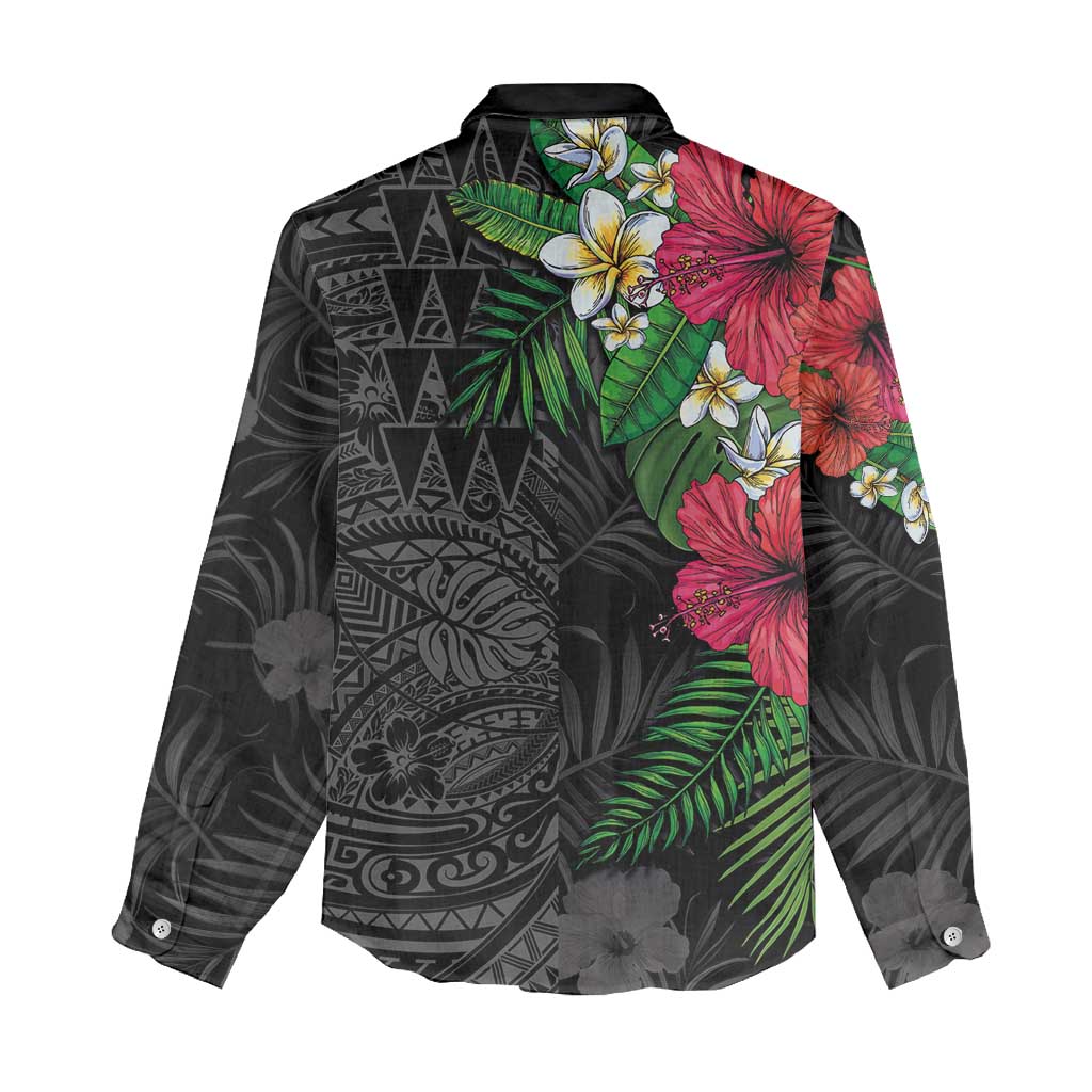 Hawaiian Tropical Plants Women Casual Shirt Kakau Tattoo and Polynesian Pattern Half Black Color LT03 - Polynesian Pride