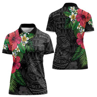 Hawaiian Tropical Plants Women Polo Shirt Kakau Tattoo and Polynesian Pattern Half Black Color