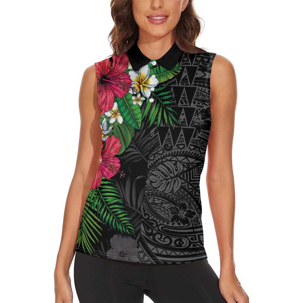 Hawaiian Tropical Plants Women Sleeveless Polo Shirt Kakau Tattoo and Polynesian Pattern Half Black Color