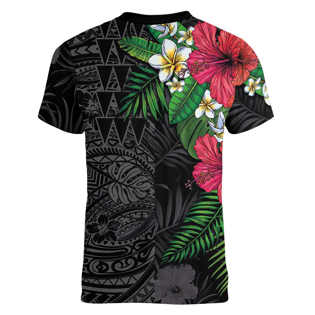 Hawaiian Tropical Plants Women V-Neck T-Shirt Kakau Tattoo and Polynesian Pattern Half Black Color LT03 - Polynesian Pride