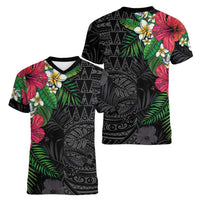 Hawaiian Tropical Plants Women V-Neck T-Shirt Kakau Tattoo and Polynesian Pattern Half Black Color LT03 - Polynesian Pride