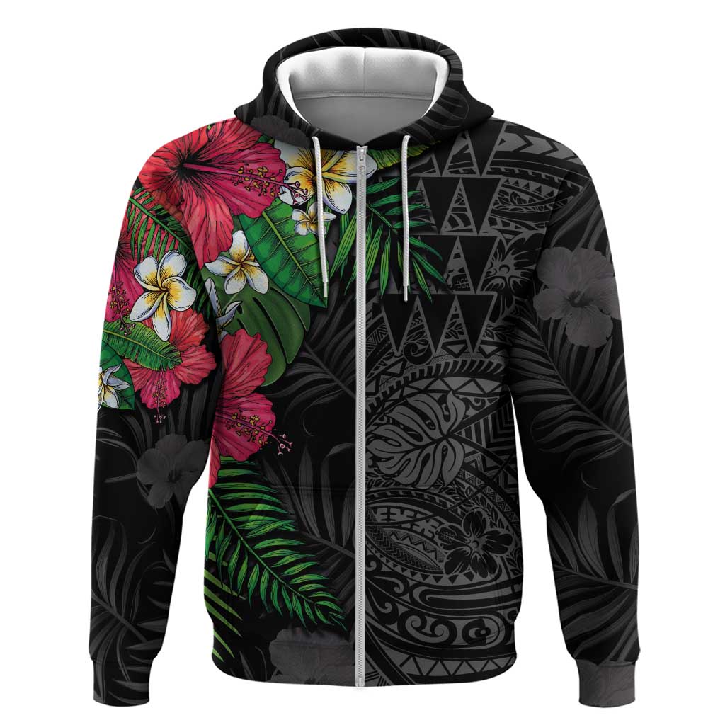 Hawaiian Tropical Plants Zip Hoodie Kakau Tattoo and Polynesian Pattern Half Black Color