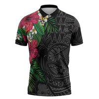 Hawaiian Tropical Plants Zipper Polo Shirt Kakau Tattoo and Polynesian Pattern Half Black Color