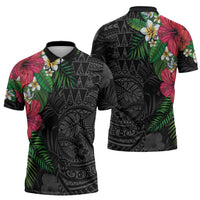 Hawaiian Tropical Plants Zipper Polo Shirt Kakau Tattoo and Polynesian Pattern Half Black Color