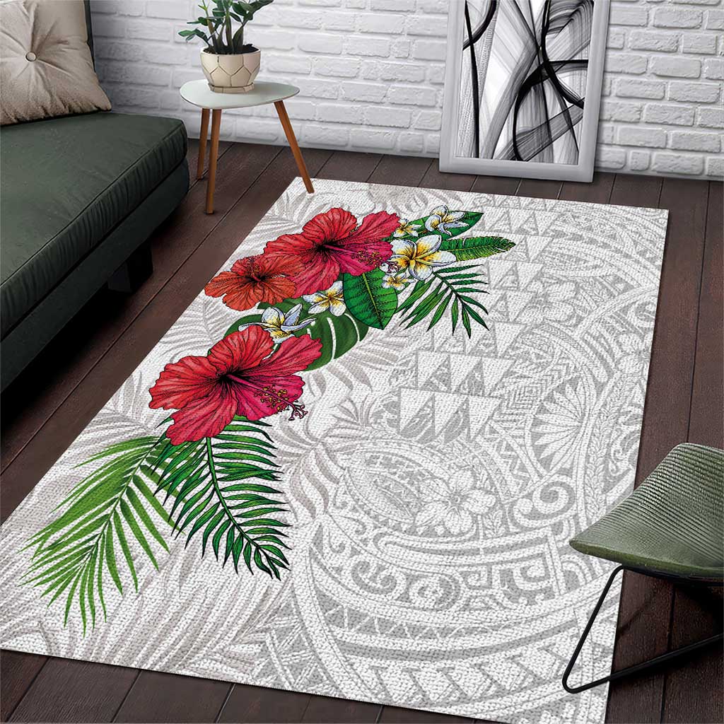 Hawaiian Tropical Plants Area Rug Kakau Tattoo and Polynesian Pattern Half White Color LT03 White - Polynesian Pride