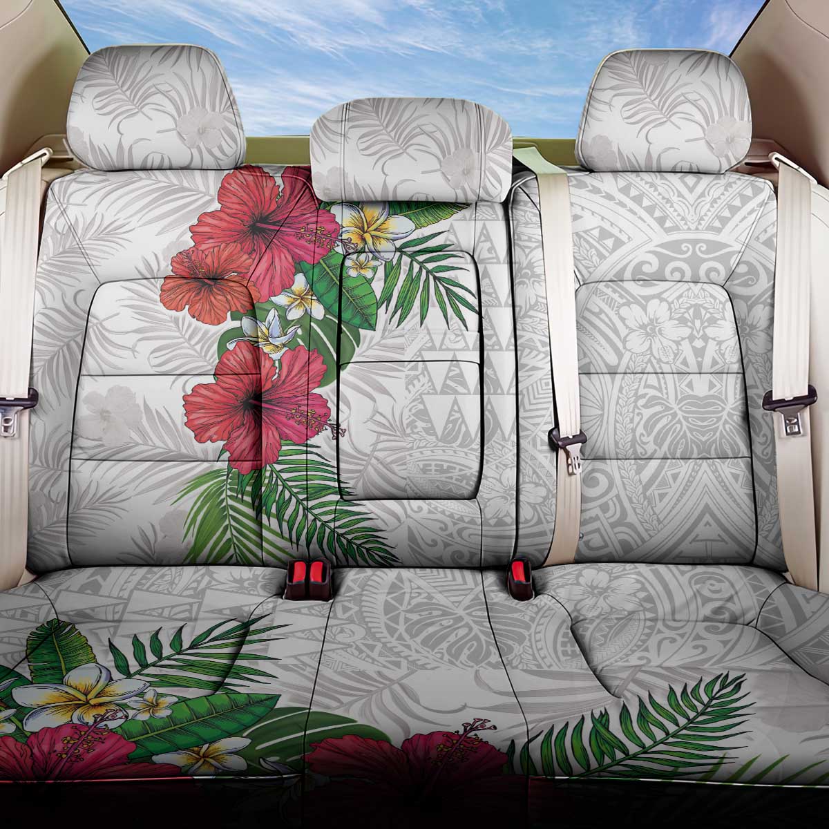 Hawaiian Tropical Plants Back Car Seat Cover Kakau Tattoo and Polynesian Pattern Half White Color LT03 One Size White - Polynesian Pride