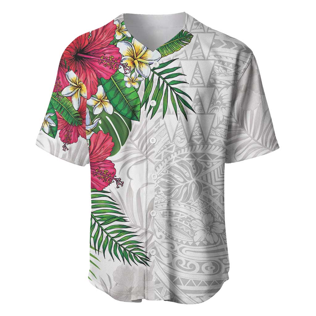 Hawaiian Tropical Plants Baseball Jersey Kakau Tattoo and Polynesian Pattern Half White Color