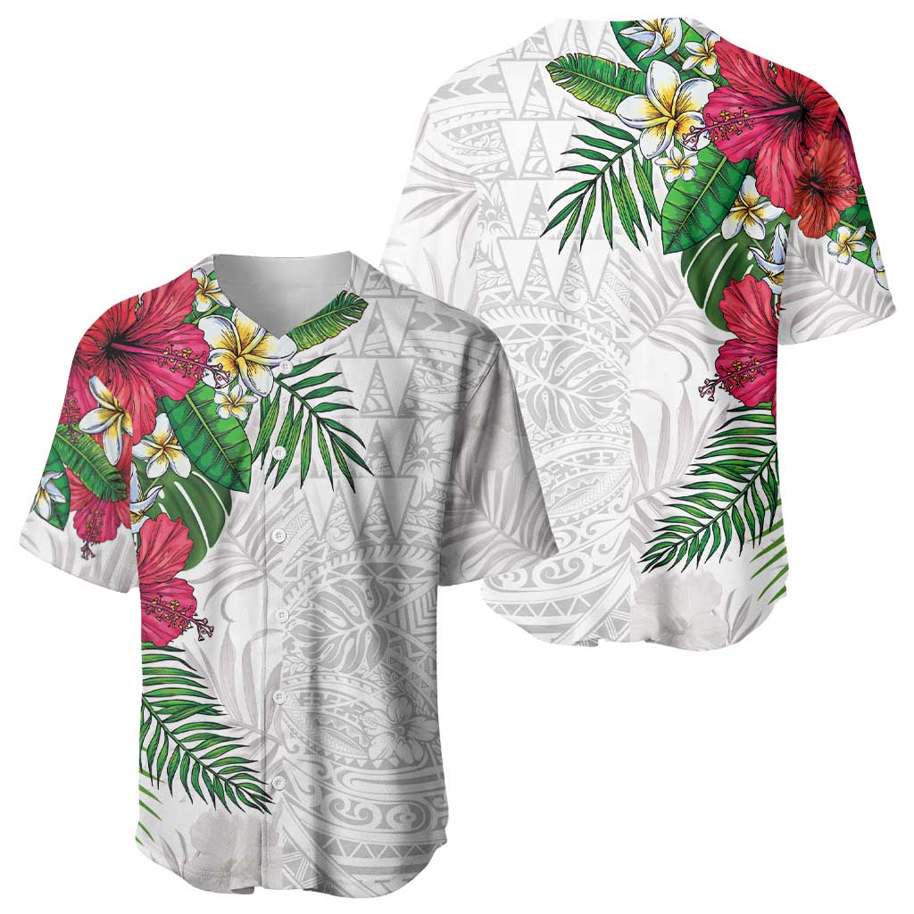 Hawaiian Tropical Plants Baseball Jersey Kakau Tattoo and Polynesian Pattern Half White Color