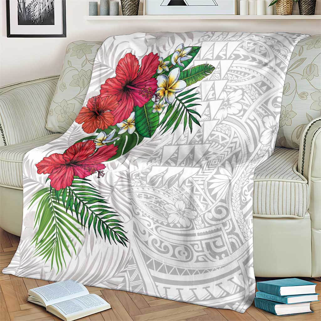 Hawaiian Tropical Plants Blanket Kakau Tattoo and Polynesian Pattern Half White Color