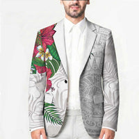 Hawaiian Tropical Plants Blazer Kakau Tattoo and Polynesian Pattern Half White Color