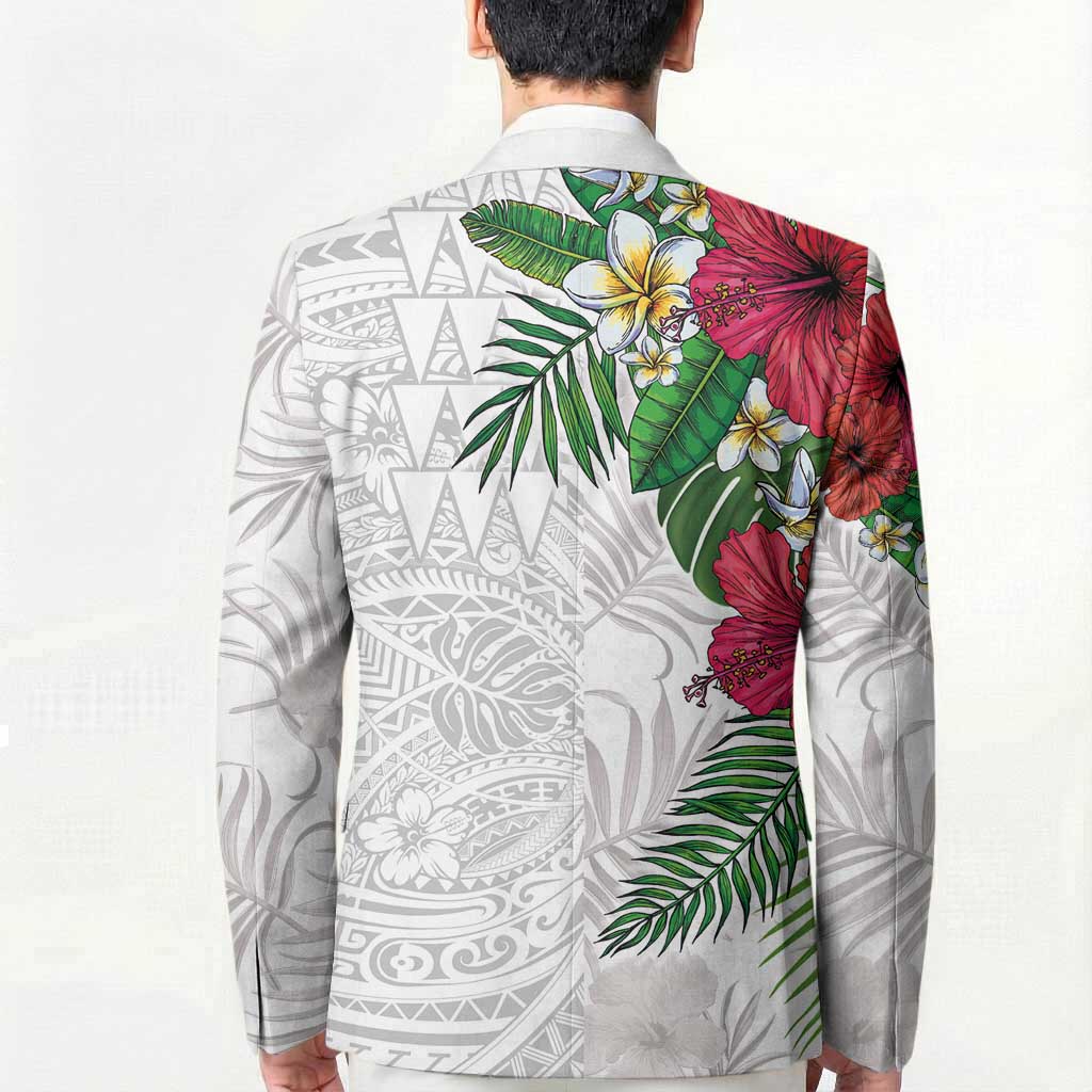 Hawaiian Tropical Plants Blazer Kakau Tattoo and Polynesian Pattern Half White Color