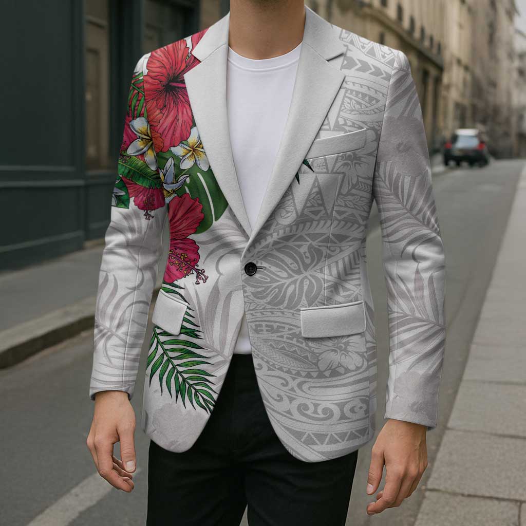 Hawaiian Tropical Plants Blazer Kakau Tattoo and Polynesian Pattern Half White Color
