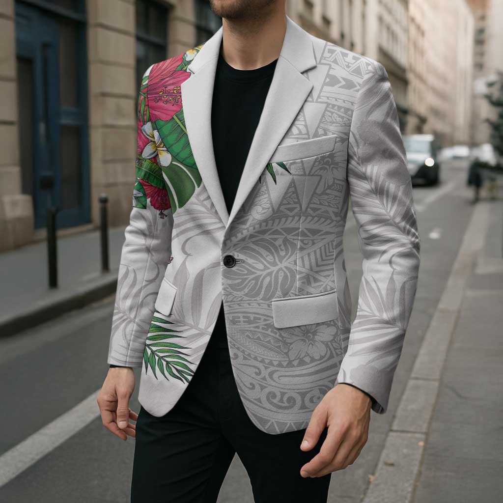 Hawaiian Tropical Plants Blazer Kakau Tattoo and Polynesian Pattern Half White Color